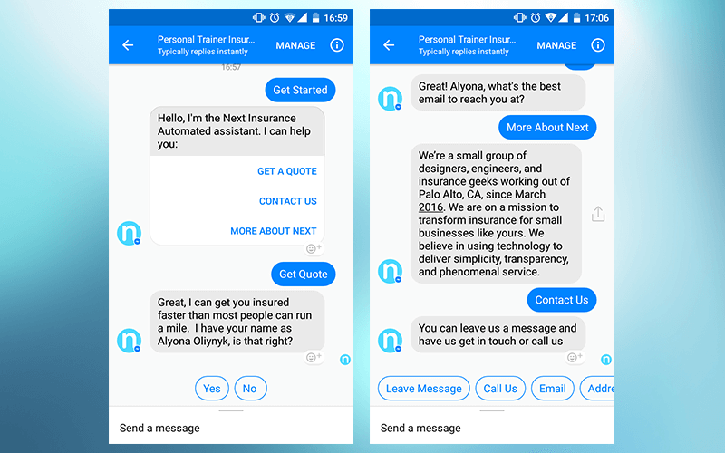 Next Insurance Facebook chatbot