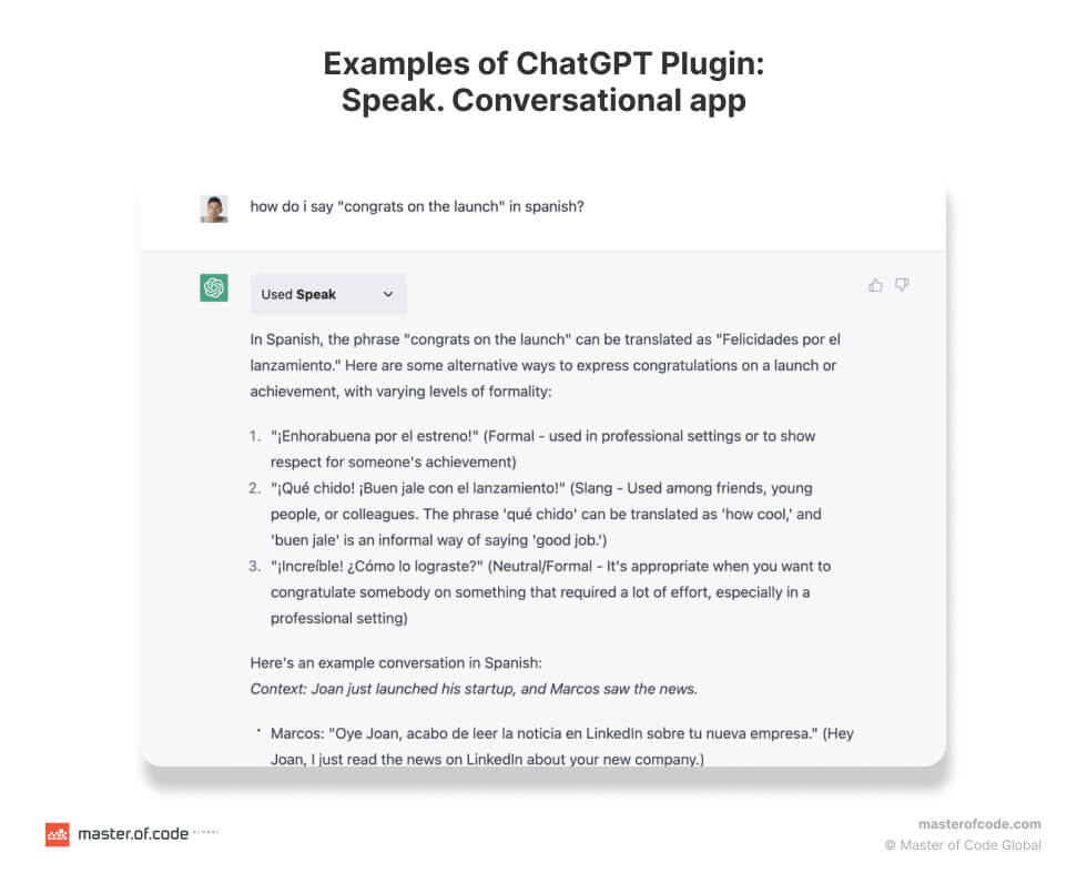 Examples of ChatGPT Plugin Speak. Conversational app