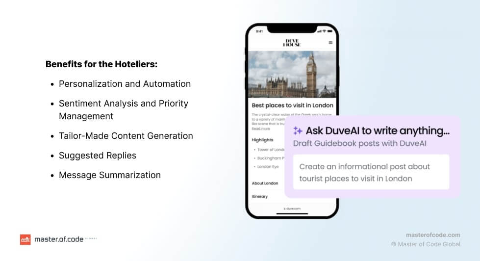 Generative AI Hospitality Chatbot Example: DuveAI